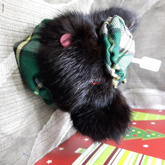 Tartan Teddy Bear Christmas Ornament - Genuine Fur - Mink - Picture 4 of 7